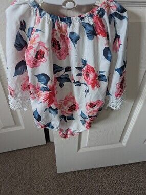 Girls White Floral Off-Shoulder Romper with Pink Rose Print